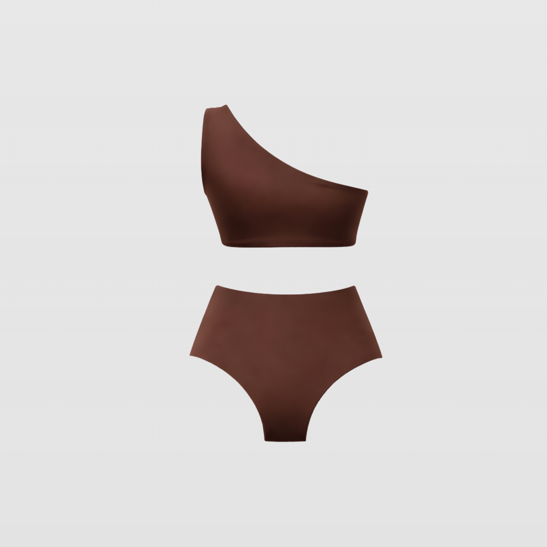 Arianna-Brown Asymmetric Bikini Set – One Shoulder Top & High-Waist Bottom