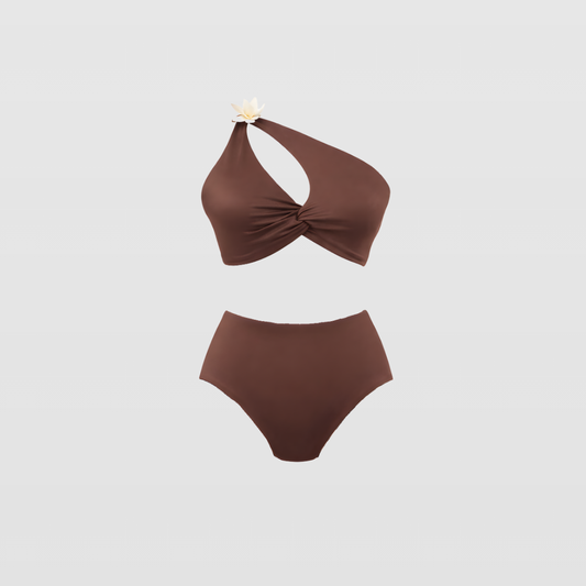 Arianna-Brown Asymmetric Bikini Set – One Shoulder Top & High-Waist Bottom